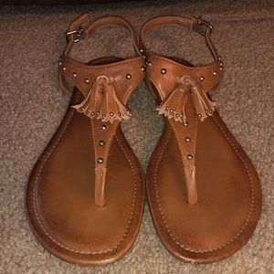 Tan Sandals with gold embellishments and tassels